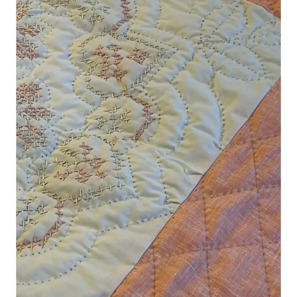 Vtg Handmade Stitched Quilt Twin 101 x 88 Peach Incomplete Project Cottage Retro